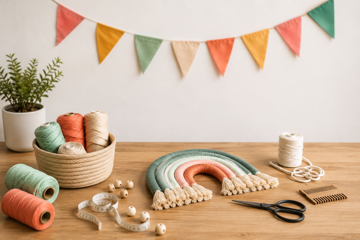 Bastelmaterial für einen Makramee-Regenbogen ausgebreitet auf einem Holztisch: bunte Garnrollen, ein fertiger Mini-Regenbogen, Holzperlen, Schere und Kamm, im Hintergrund eine Wimpelkette in Pastellfarben