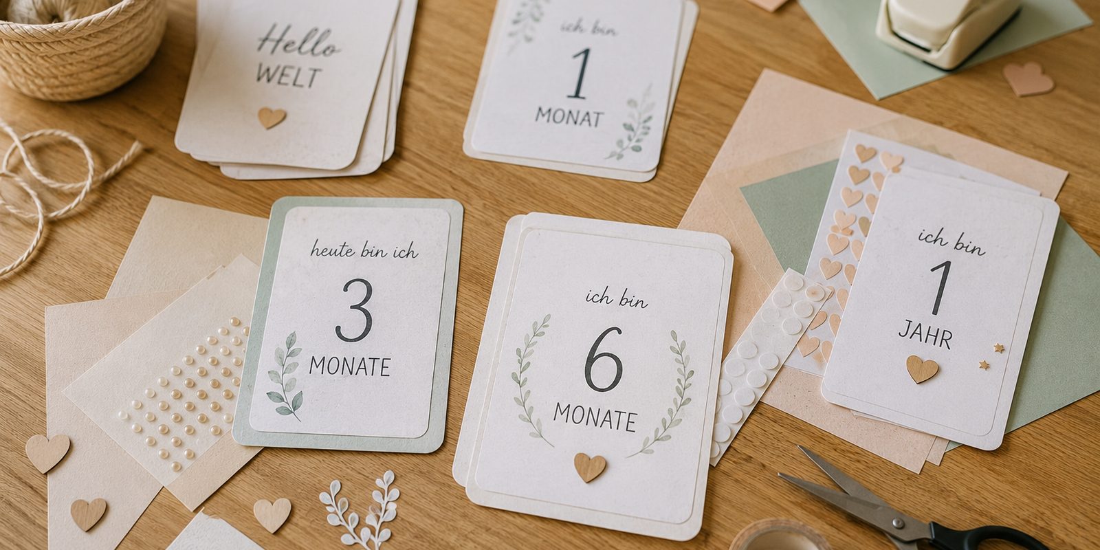Selbstgebastelte Meilensteinkarten mit Aufschriften wie '1 Monat' und '1 Jahr' auf einem Holztisch, umgeben von Bastelmaterial wie Schere, Washi-Tape und Herz-Motivstanzer
