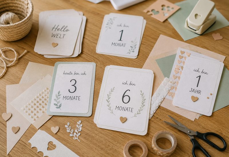 Selbstgebastelte Meilensteinkarten mit Aufschriften wie '1 Monat' und '1 Jahr' auf einem Holztisch, umgeben von Bastelmaterial wie Schere, Washi-Tape und Herz-Motivstanzer