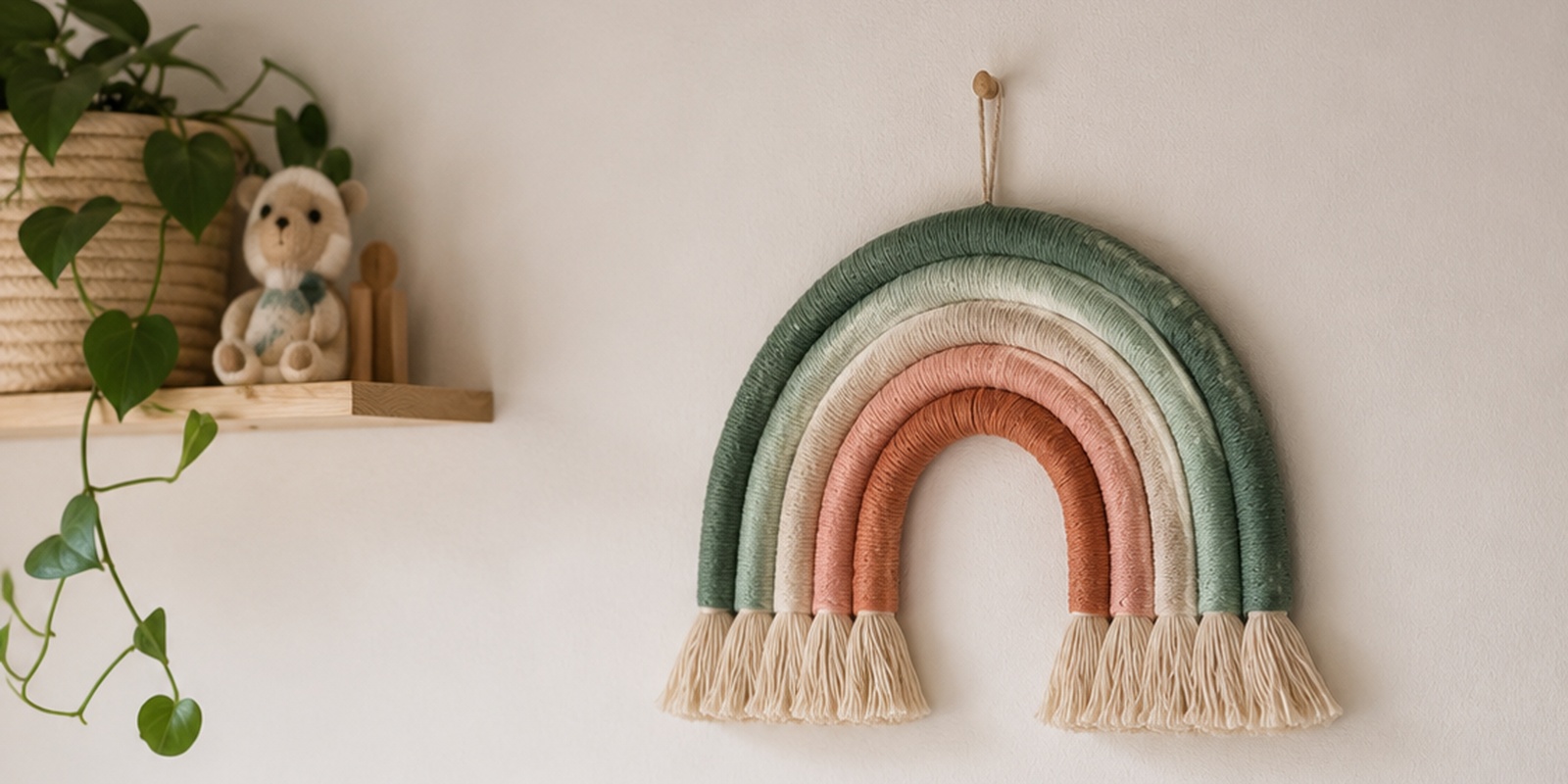 Fertiger Makramee-Regenbogen aus Wolle in Grün-, Beige- und Terracotta-Tönen, an einer Wand neben einem Regal mit Pflanze und Kuscheltier