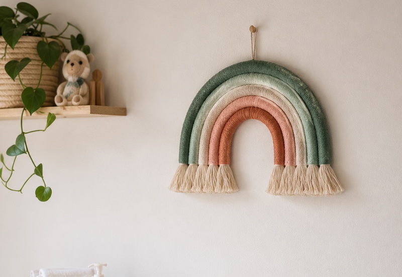 Fertiger Makramee-Regenbogen aus Wolle in Grün-, Beige- und Terracotta-Tönen, an der Wand über einem Kinderzimmerregal mit Pflanze und Teddy